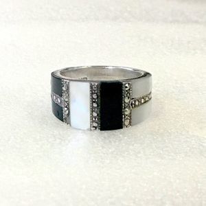 Vintage Mother of Pearl Black Onyx Marcasite Sterling Silver Ring